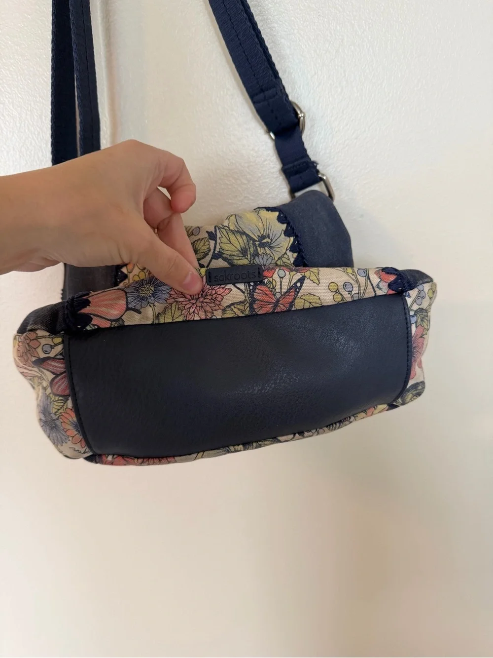 SAKROOTS Navy & Wildflower Butterfly Print Adjustable Crossbody Hobo Bag